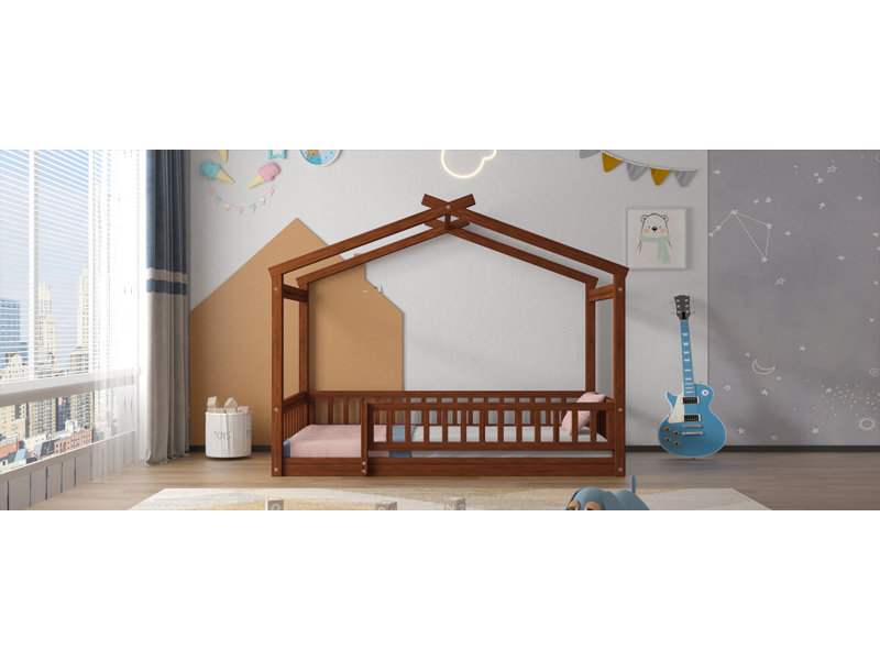 Structure de lit simple en bois avec clôture - 79,5 x 41,8 x 62,9 pouces - Bois - 1 pièce - Lit maison - noyer - capacité de 300 lb