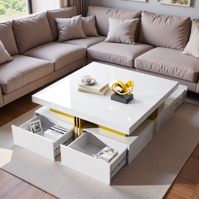 Table basse moderne carrée avec 4 tiroirs, Blanc