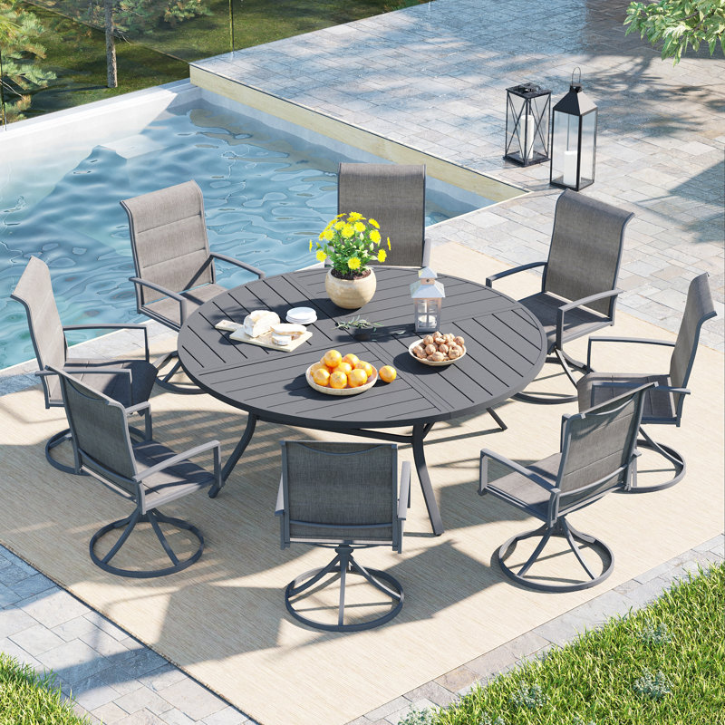 Patio Dining Set with 60" Metal Round Dining Table and 8 Padded PVC-coated polyester Swivel Chairs, Gray