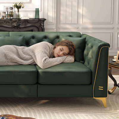 81.5" Light Luxury 3-Seater Modular Chesterfield Sofa, Faux Leather Couch with Handmade Button Tufted, Metal Trim Armrests & Thin Metal Legs, Includes 3 Pillows for Living Room, Apartment,Green