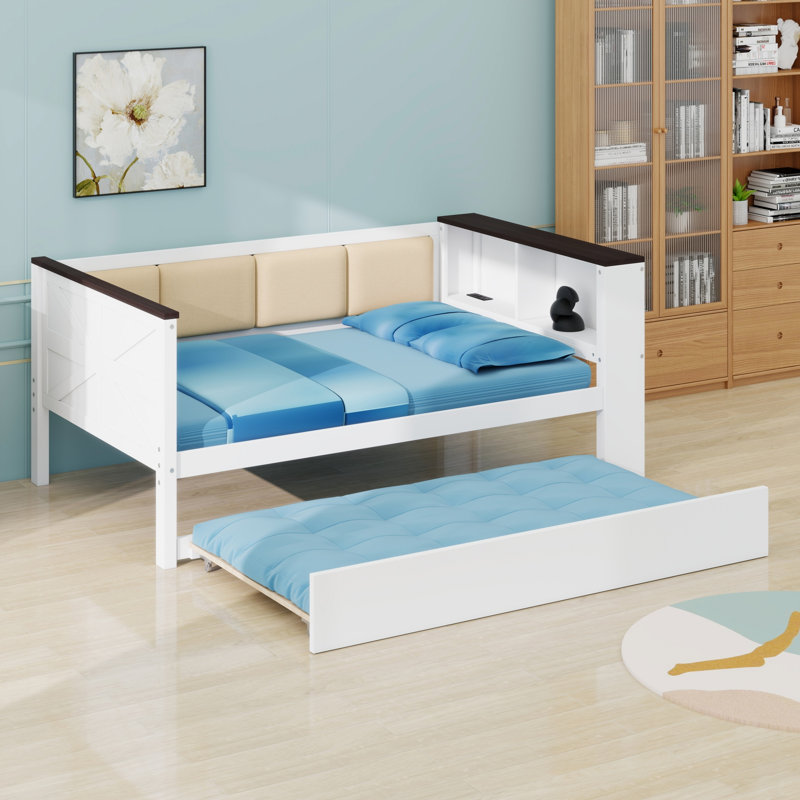 Wood Daybed Featuring Storage Shelves, Upholstered Backrest, USB, And Trundle, Twin