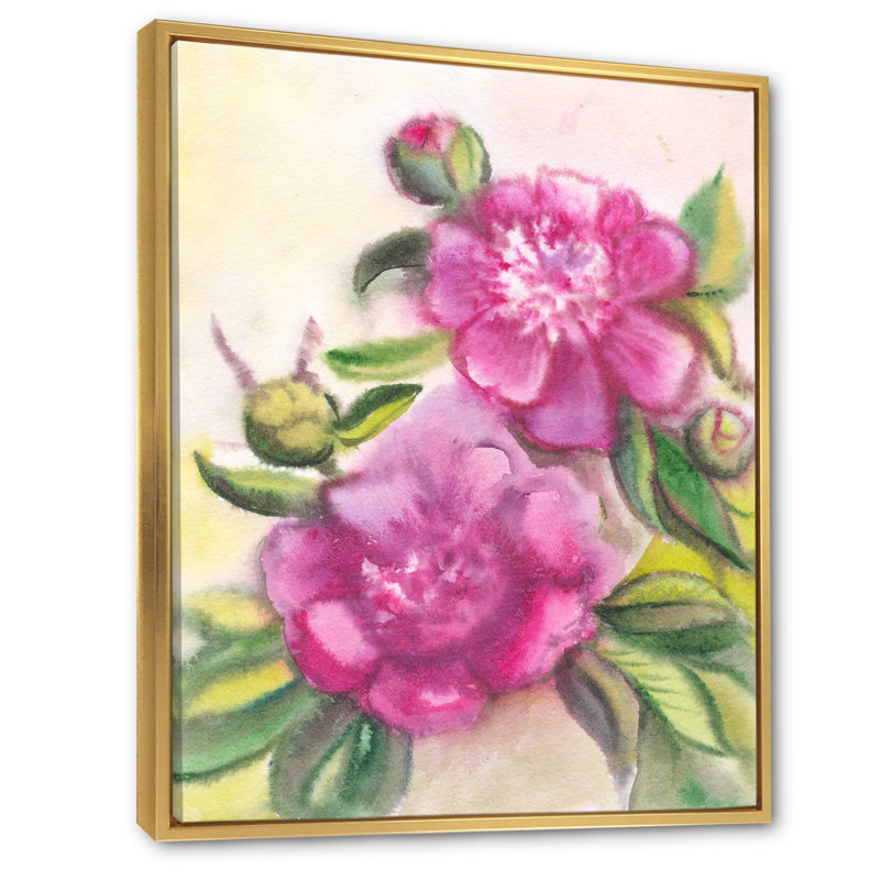 Violet pivoines en fleurs - art sur toile traditionnel, H 20 po x l 12 po x P 1,5 po, Toile avec cadre flottant or