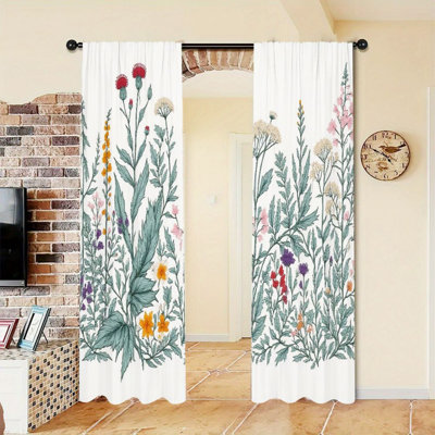Rideaux floraux botaniques 2 pièces, motif de jardin de fleurs sauvages rétro, filtrage de la lumière de poche, style naturel charmant, décoration de fenêtre de chambre à coucher toutes saisons