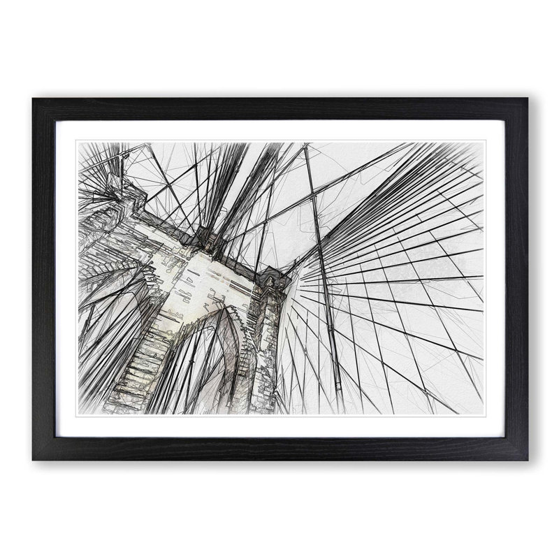 The Brooklyn Bridge in New York City in Abstract - Picture Frame Drawing Print, 62cm H x 87cm W x 2cm D, Black Framed