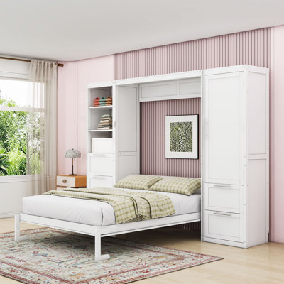 5 Drawers Wood Queen Murphy Bed Wall Bed with Closet and Shelves