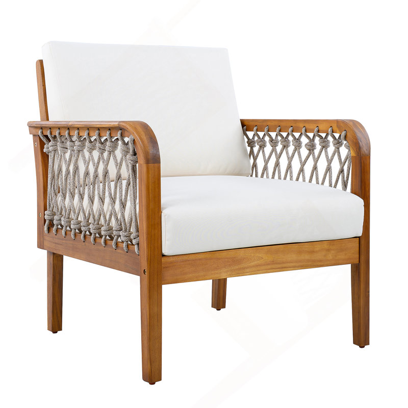 Fauteuil club d'extérieur en bois d'acacia avec corde tissée à la main, finition teck, Teck