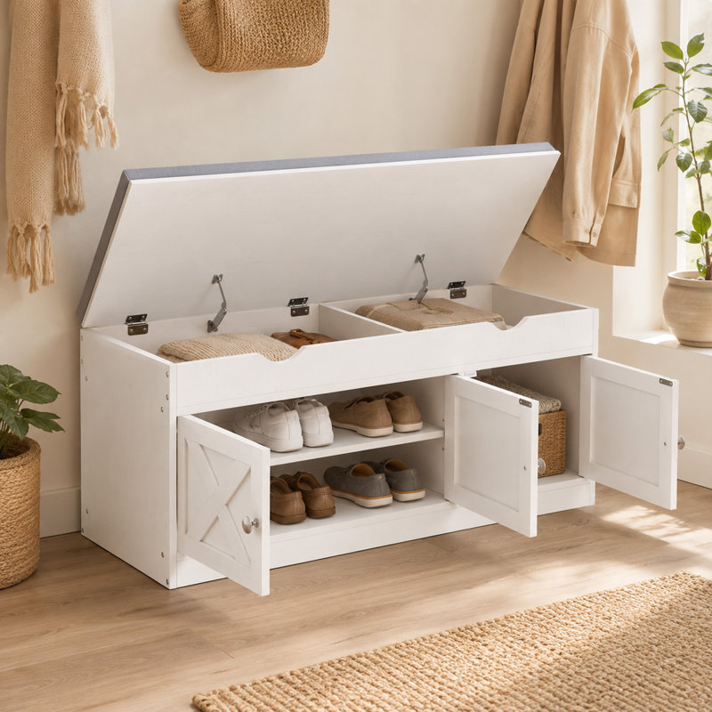 Banc à chaussures avec coussin rembourré et armoires à chaussures, blanc