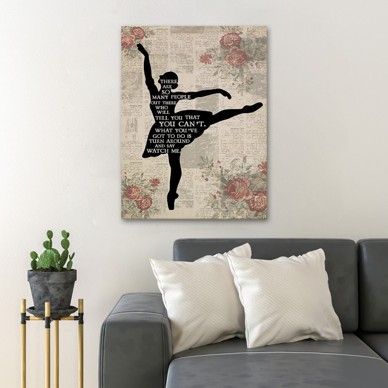 «Black Ballet Girl» sur fond de journal - Art textuel sur toile tendue, H 36 po x l 24 po x P 2 po