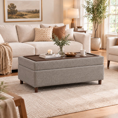 Modern Storage Ottoman Coffee Table with Reversible Wooden Tray Top, Upholstered Bench Ottoman with Hidden Storage for Living Room, Bedroom & Entryway