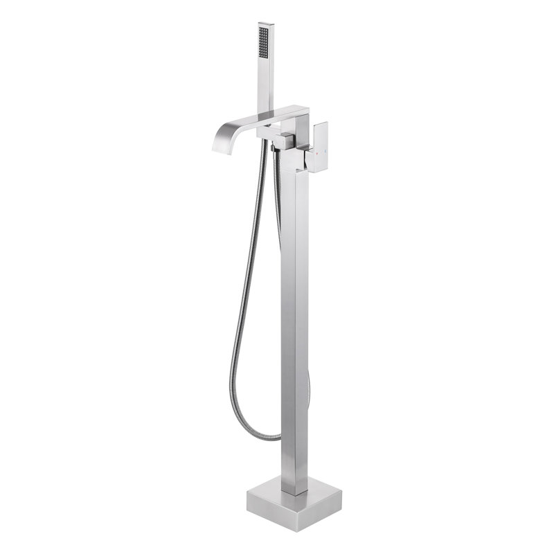 Single-Handle Floor Mount Waterfall Brass Freestanding Tub Faucet with High Flow Handheld Shower, Brushed Nickel