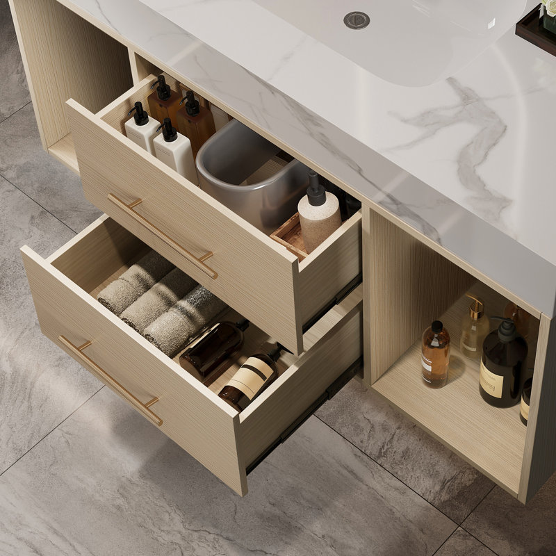 Meuble-lavabo flottant avec lavabo et tiroir mural à fermeture en douceur, Blanc / bois