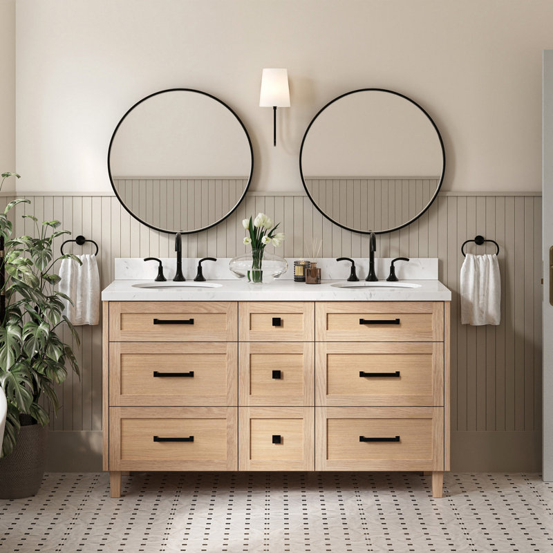 Meuble-lavabo à double cuve en bois massif 60 po ARIEL Monrow, Chêne, 60" - 61", Carrara White Quartz