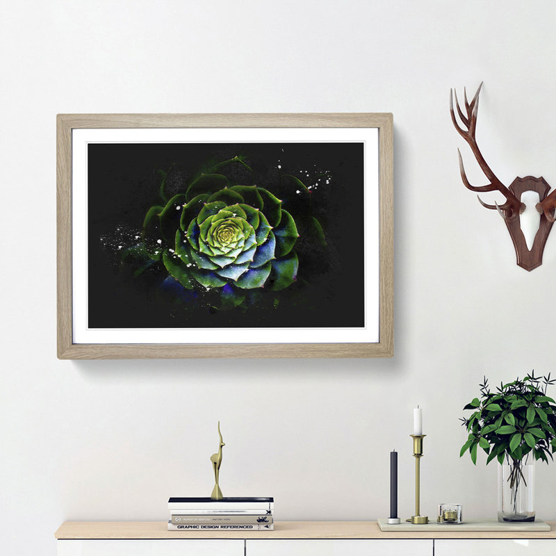 Dark Green Succulent Plant Paint Splash - Picture Frame Graphic Art, Oak Framed, 24cm H x 33cm W x 2cm D