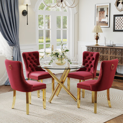 5-Piece Modern Round Pedestal Dining Set with Velvet Tufted Dining Chair for Dining Room and Living Room