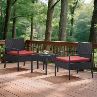 3-Pcs PE Rattan Bistro Set 16.5" Tempered Glass Table 250Lb Capacity Chairs Removable Cushions & Anti-Slip Mats​​