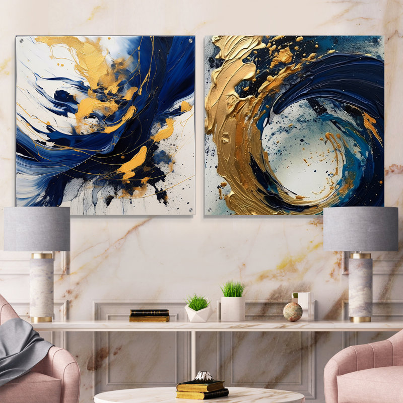 «Dark Blue And Gold Strokes II», ensemble de 2 verres muraux en acrylique, H 36 po x l 73 po