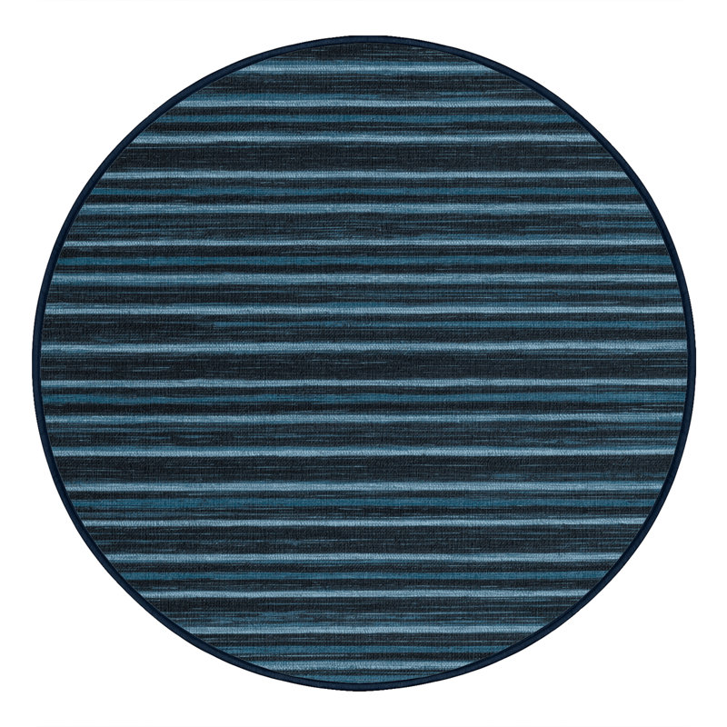 Machine Washable Horizontal Stripes Blue Area Rug, Round 6'