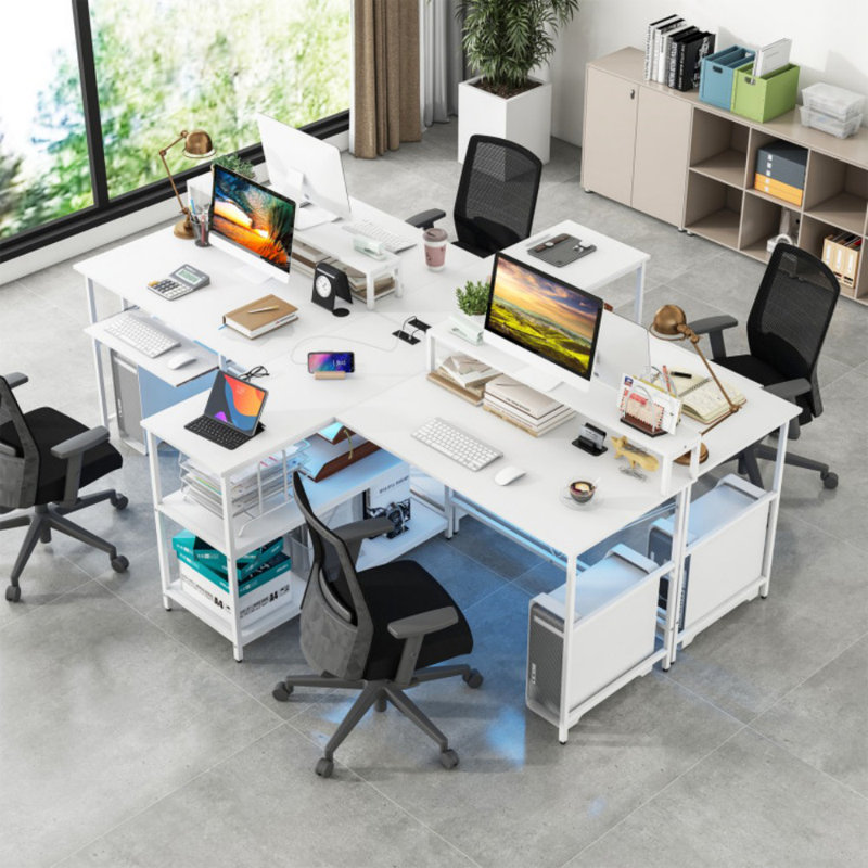 2-Person Reversible Computer Desk Long Office Desk With LED Lights, White
