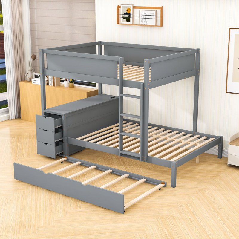 Lit superposé en bois avec lit gigogne simple et prises USB, tiroirs, Gris, Double sur double