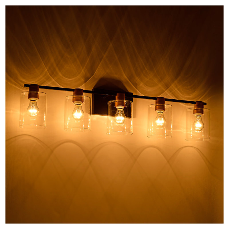 Luminaire de salle de bain 5 lumières noir et or mat avec abat-jour en verre transparent
