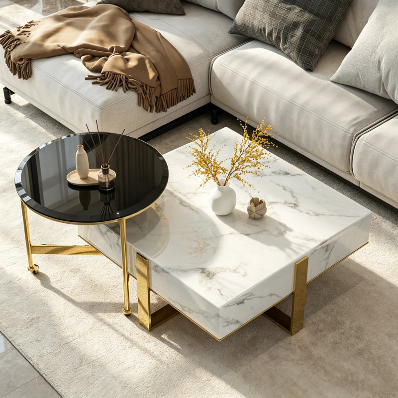 Ensemble de tables basses Luxury Gold Nesting, ensemble de tables basses en faux marbre blanc