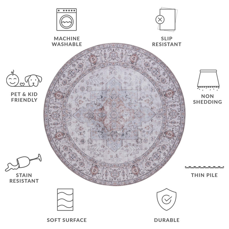 Melaya Performance Machine Washable Oriental Rug, Round 6'