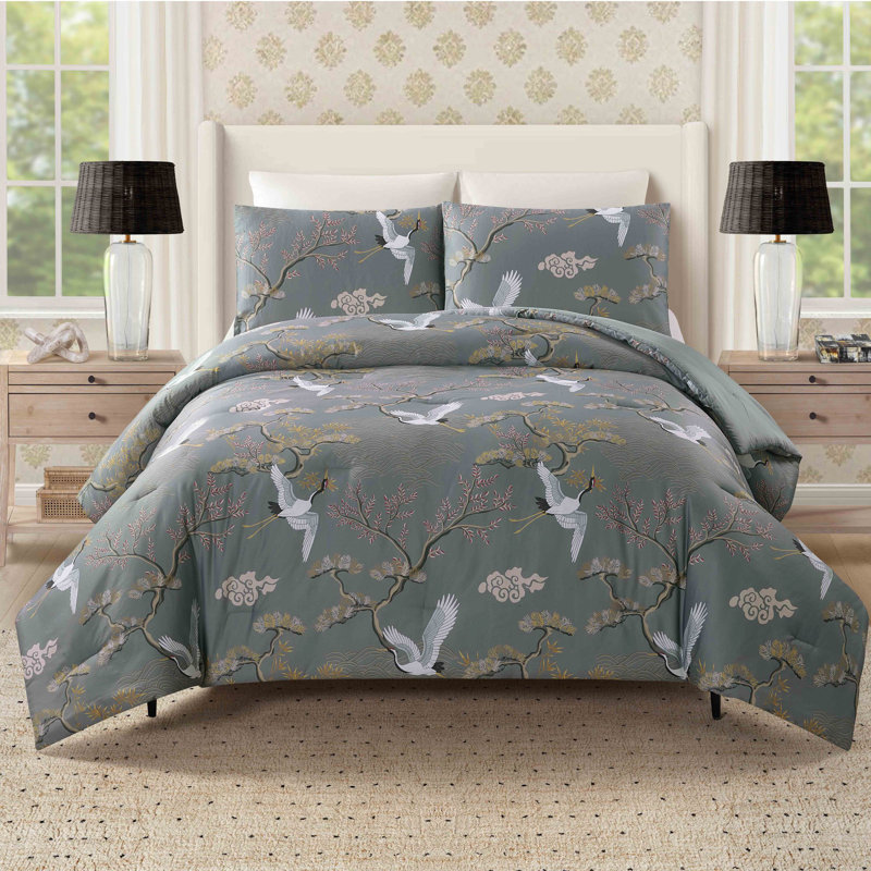 Ensemble d'édredon en satin de coton 300 fils 3 pièces Cranes, Édredon double / grand + 2 taies décoratives sta