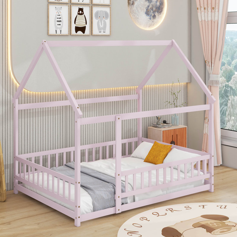 Lit en bois avec toit House House, Lit double, Rose