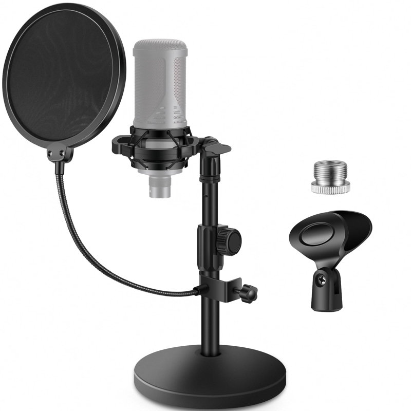 Mic Stand Desk, Adjustable Desktop Microphone Stand Table With Shock Mount Mic Clip Pop Filter 3/8" To 5/8" Adapter For Blue Yeti Hyper X Quadcast S AT2020 Fifine K669B Shure SM58 SM48 PGA48