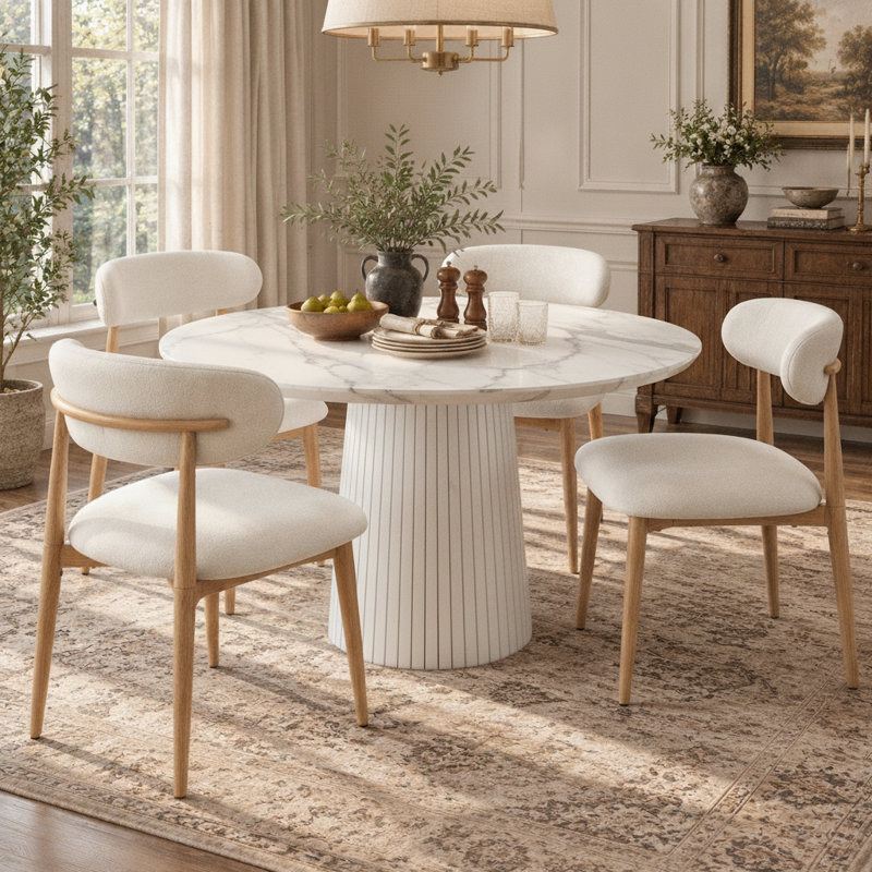 Ensemble de salle à manger moderne de 5 pièces comprenant une table ronde de 119 cm (47 po) avec pied central et 4 chaises rembourrées en tissu bouclé à dossier incurvé, idéales pour la cuisine et la salle à manger.