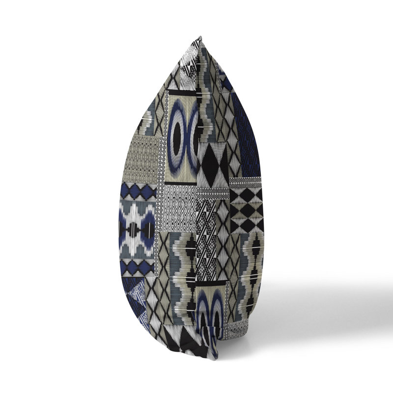 Blue and Grey Patchwork Reversible Indoor/Outdoor Throw Pillow