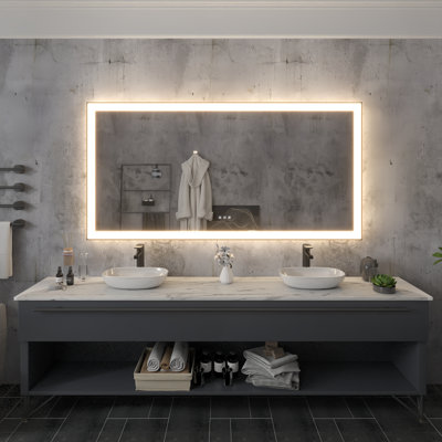Miroir de salle de bain mural à DEL antibuée avec cadre rectangulaire noir avec fonctions de rétroéclairage et d'éclairage avant