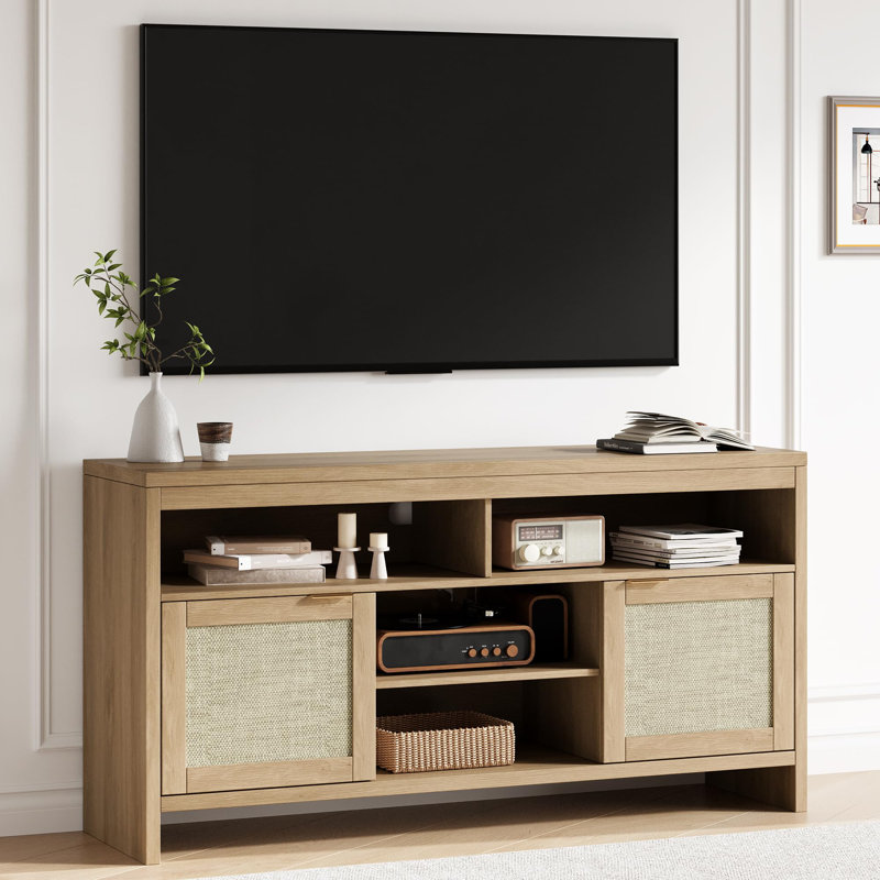 Ensemble de 2 meubles télé en rotin Boho, centre de divertissement / console multimédia moderne de 58 po - portes et tablettes réglables de rangement - pour téléviseurs de 65 po ou moins dans le salon - 2 pièces