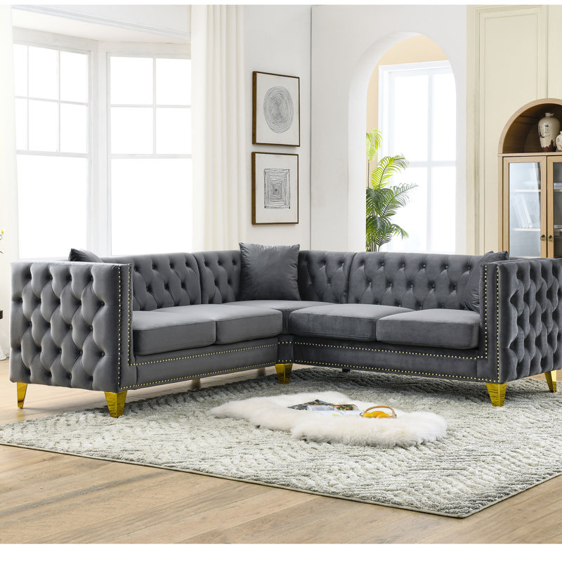 Canapé modulaire en velours de 82,2 pouces en forme de L 5 pour la chambre à coucher. Bois massif, coussins en mousse confortables. Bureau classique et tendance. Structure en bois, style élégant et confortable