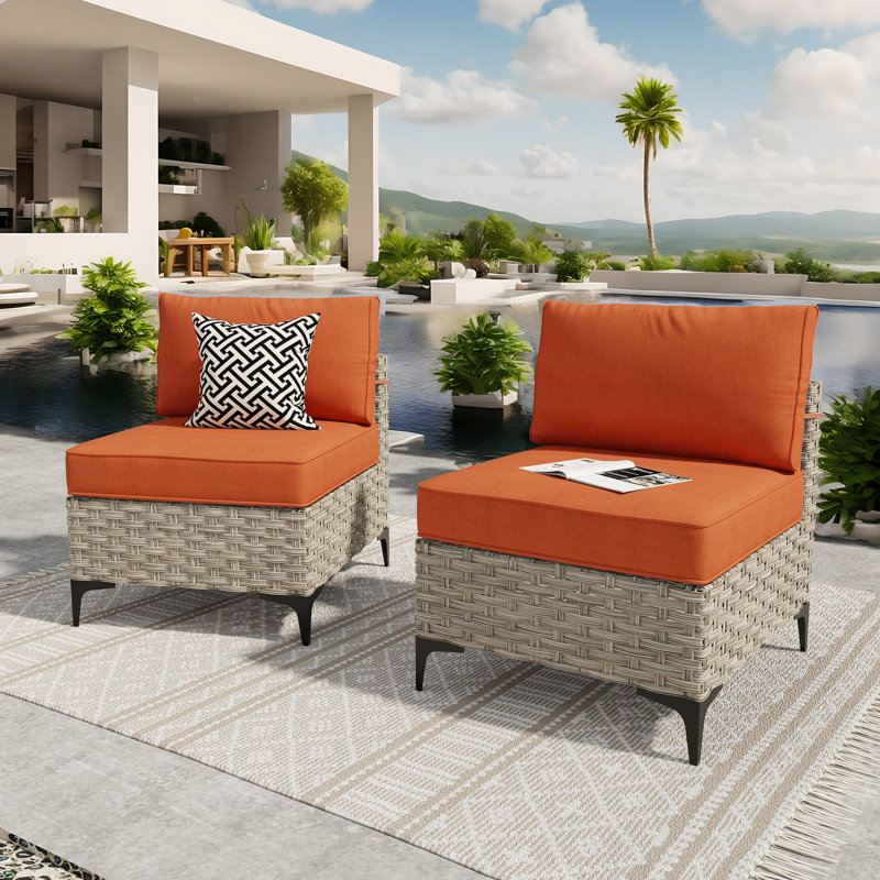 Ensemble de 2 chaises modulaires en osier avec coussins Sturgill, Orange-rouge