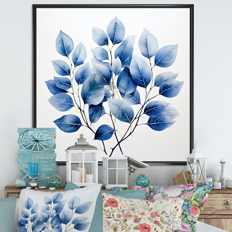 Collage de feuilles blanches et bleues sur toile, H 30 po x l 30 po x P 1 po, Cadre flottant noir
