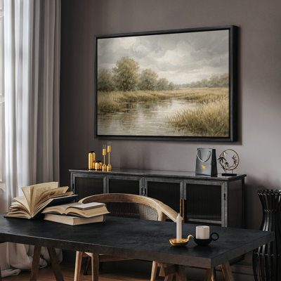 Serene Marshland River with Soft Clouds and Autumn Trees Framed Print Wall Art