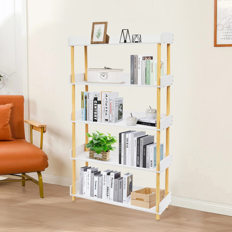 5-Tier Modern Warm White Wooden Open Bookcase Display Bookshelf