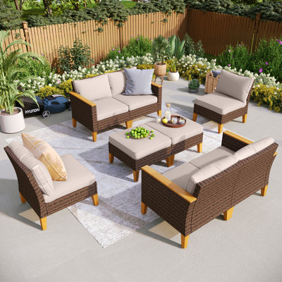 All Weather Wicker/Rattan 8 - Person Seating Group with Cushions