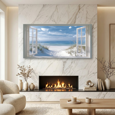 Ocean Beach Window Canvas Wall Art with Coastal Seascape Picture Landscape Canvas Prints, Horizontal Tropical Sea Paintings Artwork for Home Decor