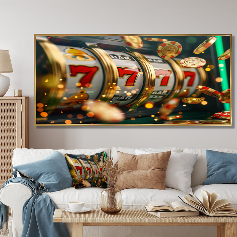Machine à sous Jackpot Winner II, Toile avec cadre flottant or, H 28 po x l 60 po x P 1,5 po