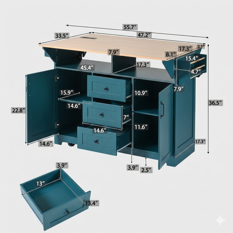 55.7-Inch Large Kitchen Island Equipped with 2 Drop-Leaf Panels, 5-Wheel Rolling Cart, Power Outlet, Folding Dining Storage Table with Spice and Towel Racks, 3 Drawers – Green Finish
