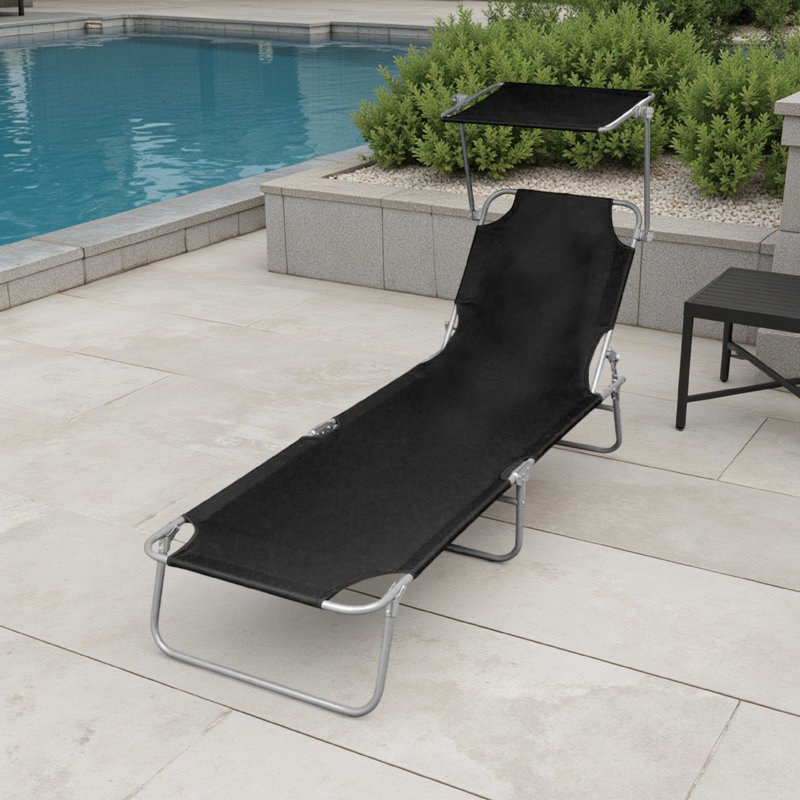 Chaise longue d'extérieur pliable avec auvent, acier 74 po, noir