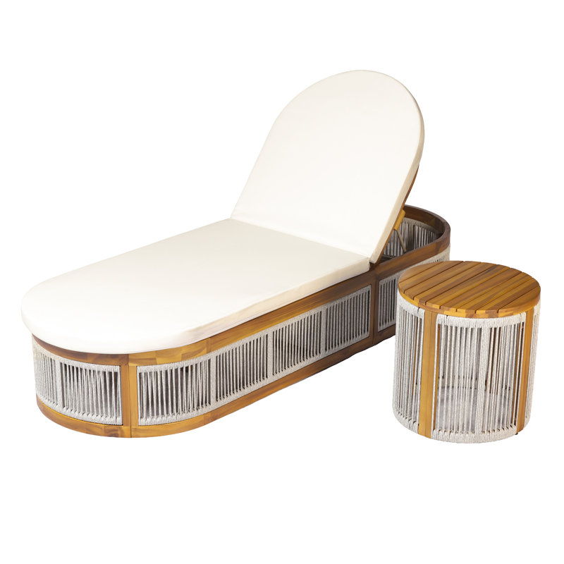 Chaise longue de patio en bois d'acacia Aelis avec table d'appoint ronde et dossier réglable, Light Grey Rope/Teak