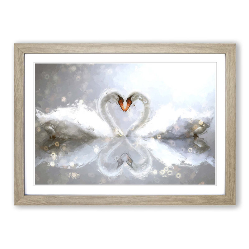 Swans Forming a Love Heart in Abstract - Framed Print, 62cm H x 87cm W x 2cm D, Oak Framed