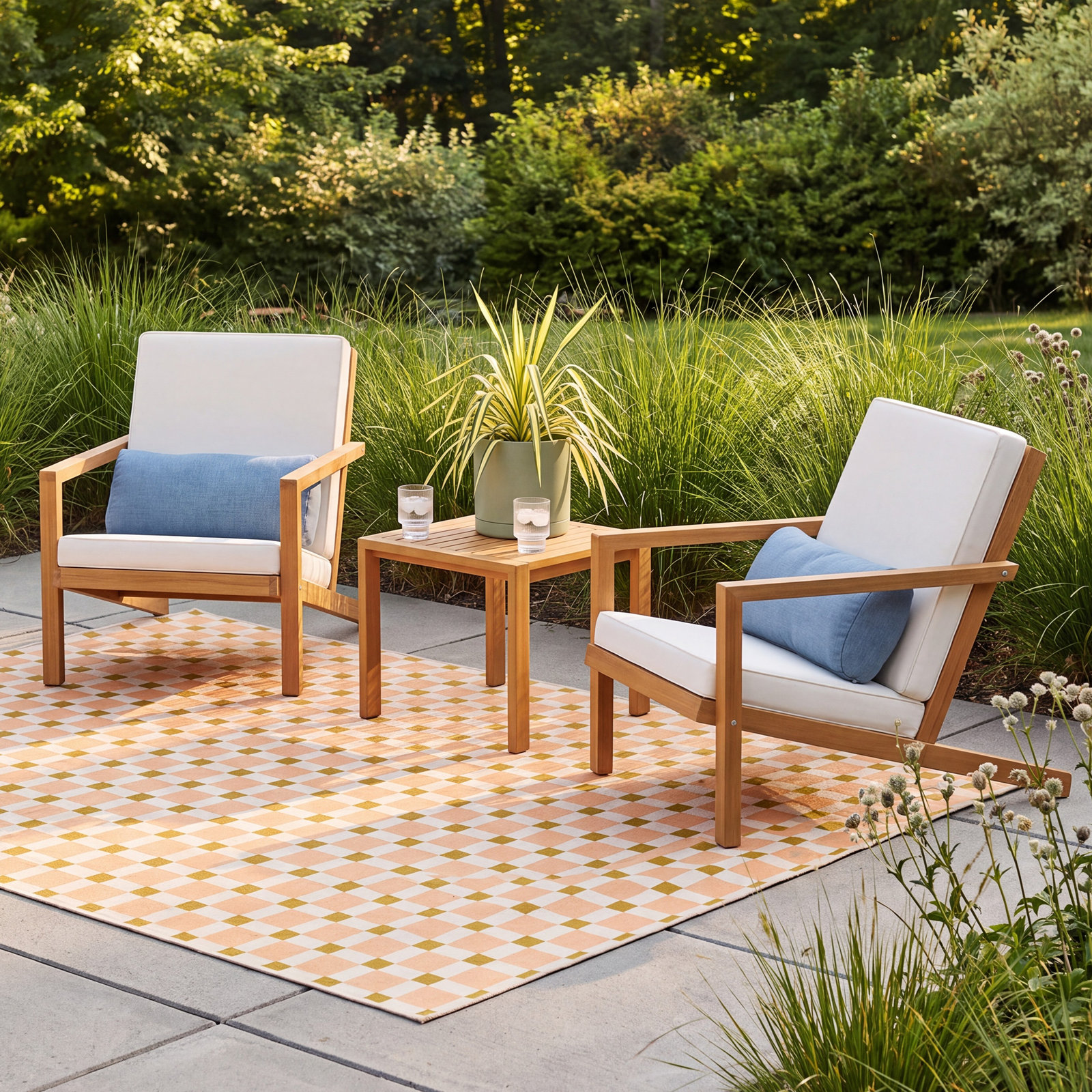 Aubrieana 2-Person Acacia Patio Seating Group, Teak, Cream