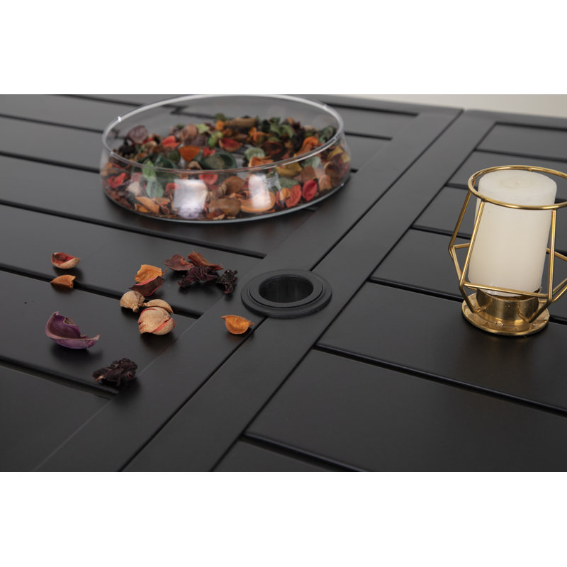 Birmadevi Powder-coated Metal Frame Black Rectangular Outdoor Patio Dining Table with Umbrella Hole
