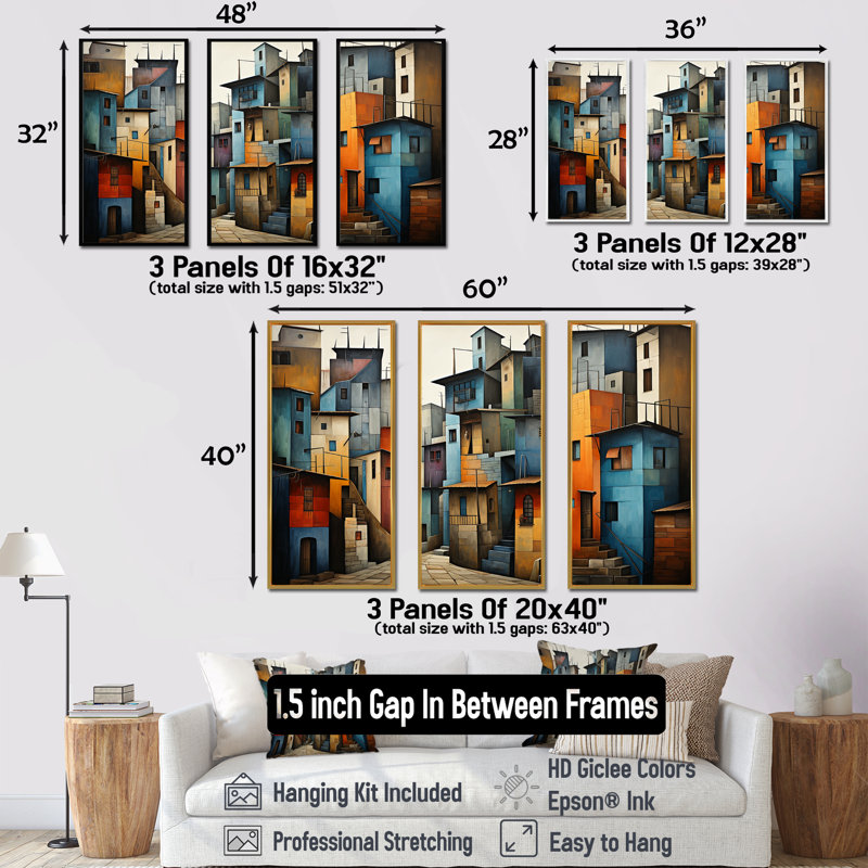 «Cubist Urbanism Horizon» - ensemble d'art mural sur toile Cubism, Cadre flottant noir, H 28 po x l 36 po x P 1 po