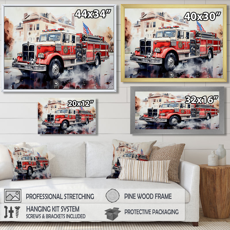 Camion de pompier dans le salon Hamptons III - Art mural, Toile tendue, H 12 po x l 20 po x P 1 po