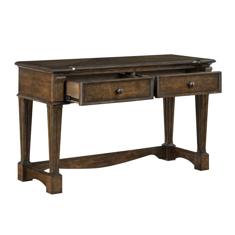 Console rectangulaire marron de style traditionnel avec 2 tiroirs à glissières à roulement et finition antique, 127 cm de longueur, style classique à placer derrière un meuble d'appoint.